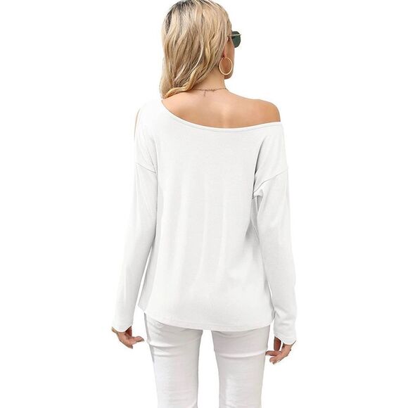 HIYIYEZI Women Cold Shoulder Tops Off One Shoulder Shirts Boat Neck Long Sleeve - Picture 2 of 6